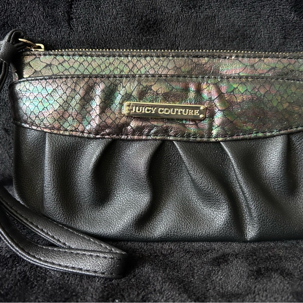 Juicy Couture Black Wristlet Clutch with Iridescent Snake-Scale Trim